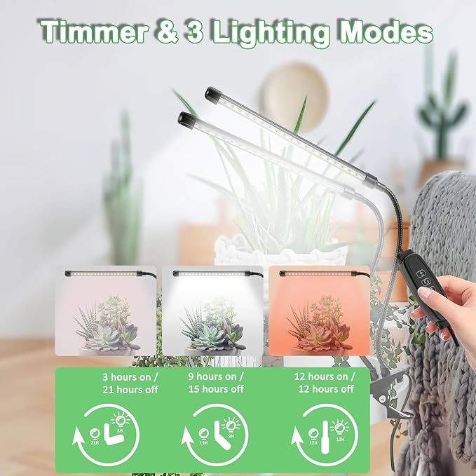Grow Lights for Indoor Plants, 6000K Full Spectrum Plant Lights for Indoor Growing White Red Led, Clip On Grow Light Plant Lamp for Seeding,Dimmable &Auto on/Off Timmer (White, 2Head-1Pack)