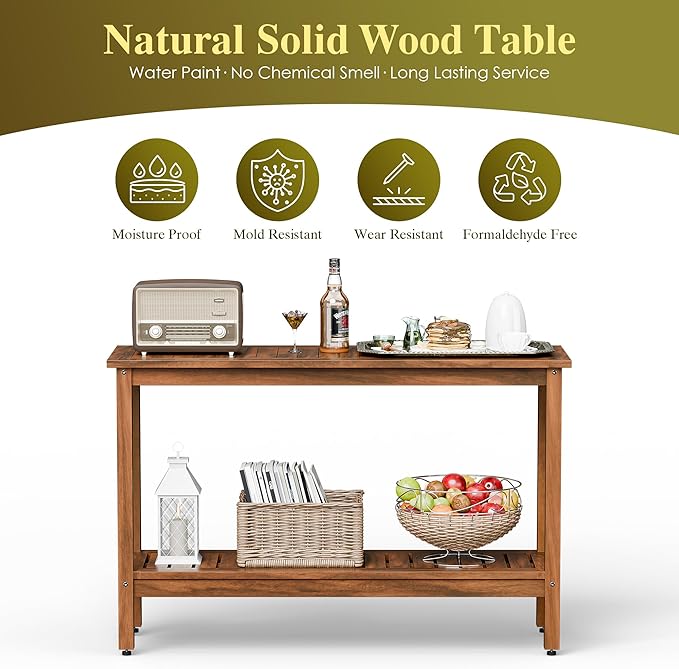 SUPER DEAL Patio Console Table, Outdoor Solid Wood Side Table Multifunctional Buffet Bar Storage Organizer with Foot Sliders, 48in 2-Shelf, Natural