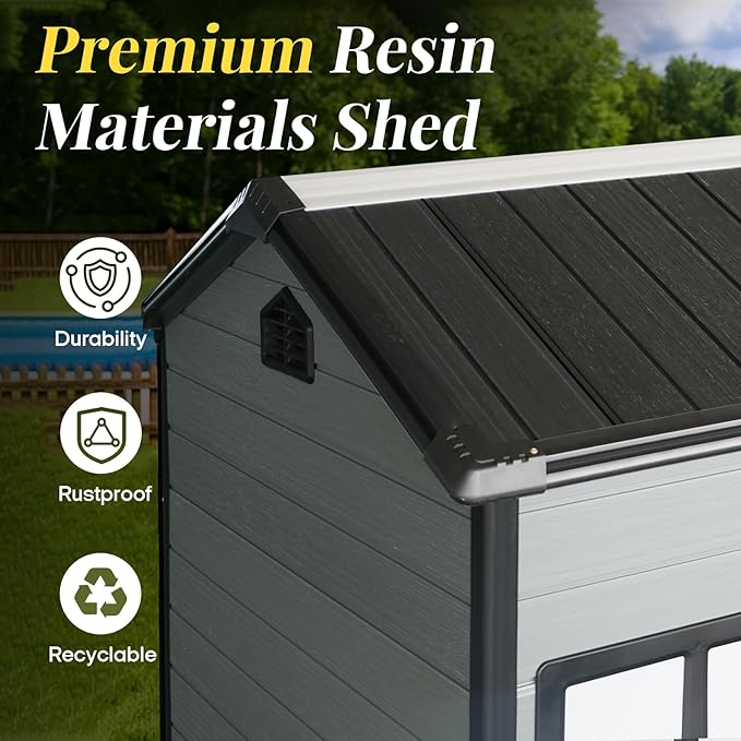 8x4ft Resin Outdoor Storage Shed with Floor and 2 Windows, Plastic Sheds & Outdoor Storage Clearance for Patio Furniture,GardenTools, Bike Accessories and Lawn Mower, Black+Grey