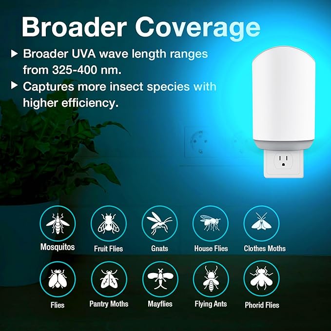Flying Insect Trap & Bug Zapper – Indoor Outdoor Plug-in Blue UV Light Catcher, Quiet Fly Killer for Gnats, House & Fruit Flies – Bedroom, Patio, Garden (1 Device + 3 Replaceable Boards)