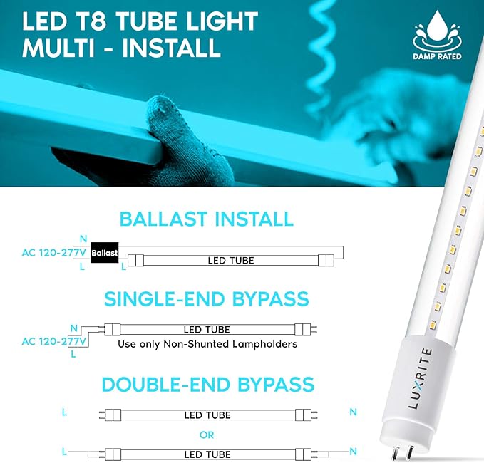 LUXRITE 4FT T8 LED Tube Light, Ballast and Ballast Bypass Compatible, 13W=32W, 3000K Soft White, Clear Cover, Single-End or Double-End Powered, Damp Rated, UL Listed (4 Pack)