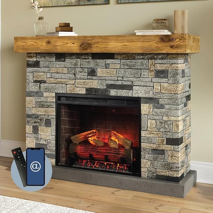 Country Living - Dixson Fireplace Mantel Package, 28β Fireplace Insert, Stone Brick Mantel Surround, Alexa/WiFi Enabled, 1500W
