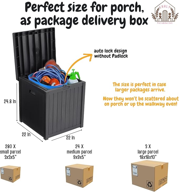 Deck Box, 51 Gallon Package Bin Delivery Box for Outside Front Porch, Small Patio Outdoor Storage Boxes Waterproof, UV Resistant Plastic Resin Pool Storage Bins with lids, Grey