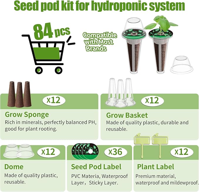 84 pcs Hydroponic Pod Kit for Aero Garden with 12 Grow Baskets, 12 Grow Sponges, 12 Grow Domes, 12 Plant Labels and 36 Seed Pod Label Stickers for All Hydroponics Garden Growing System