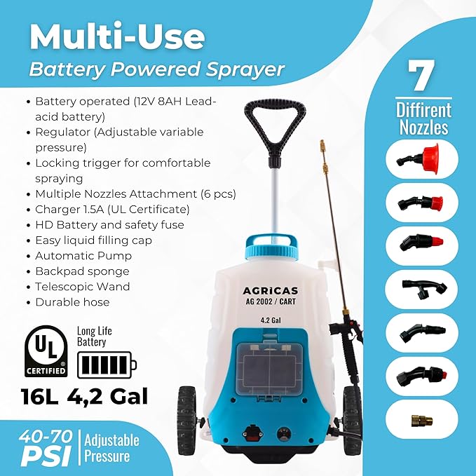 4.2 Gallon Battery Powered Sprayer with Cart - Wheeled Cart Sprayer for Lawn & Garden with Adjustable Nozzles and Backpack, High-Pressure Spray Hose for Weeding and Cleaning