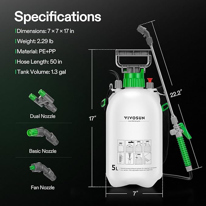 VIVOSUN 1.35 Gal/5L Pump Sprayer, Garden Water Sprayer for Plants, Weeds & Lawn Care, with 3 Nozzles, 50'' Long Hose & Pressure Relief Valve