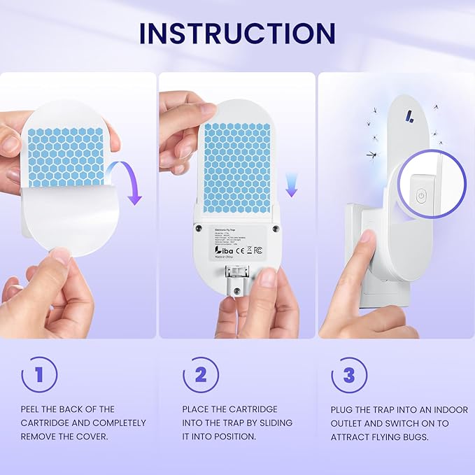 LiBa Fruit Fly Traps for Indoors, Flying Insect Trap for Indoors, Light Trap Captures Fruit Flies, Gnats and Houseflies, Plug-in Mosquito Killer Indoor Gnat Moth Catcher with 3 Refills