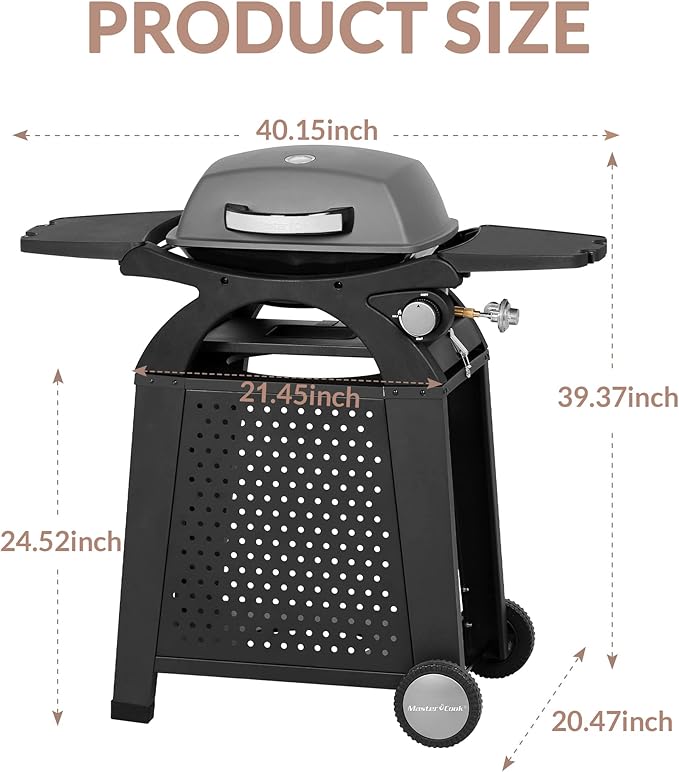 MASTER COOK Single Burner Propane Gas Grill, 11,500 BTU Portable Tabletop Barbecue Grill with Cart for Patio, Camping, Travel