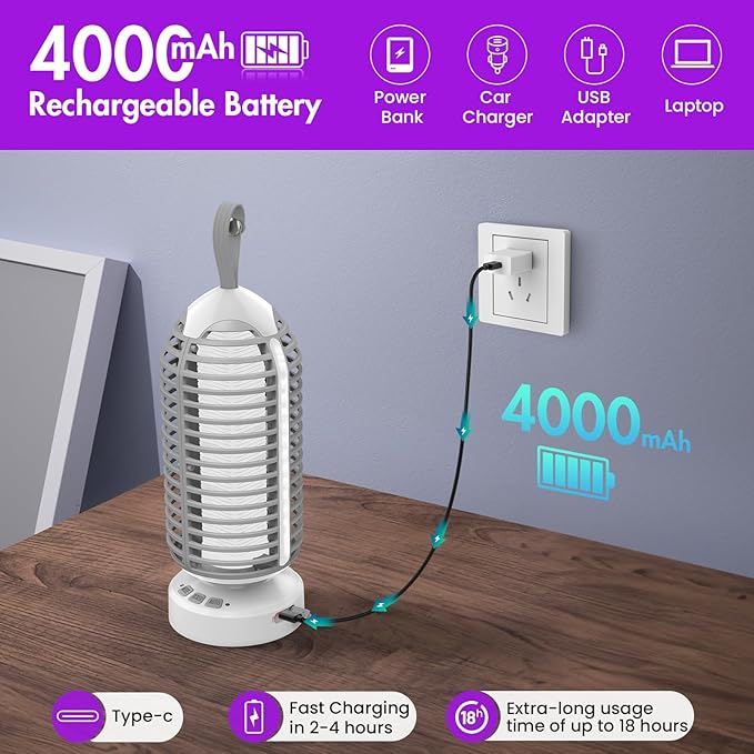 Bug Zapper Outdoor with Colorful Lighting and Auto-Sensing, 3 in 1 Cordless 4000mAh Battery Electric Fly Trap, Rechargeable Mosquito Zapper for Camping, Patios, Garden, Kitchen (2Pack-Grey)