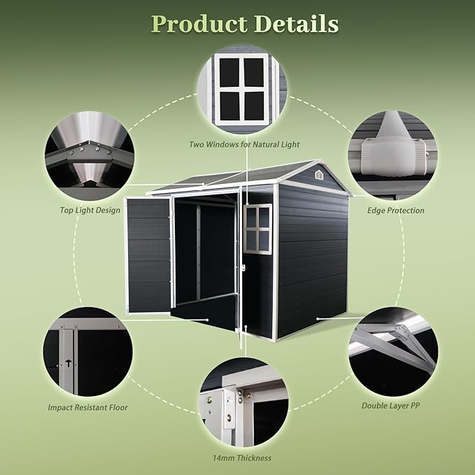 8x4ft Resin Outdoor Storage Shed with Floor and 2 Windows, Plastic Sheds & Outdoor Storage Clearance for Patio Furniture,GardenTools, Bike Accessories and Lawn Mower