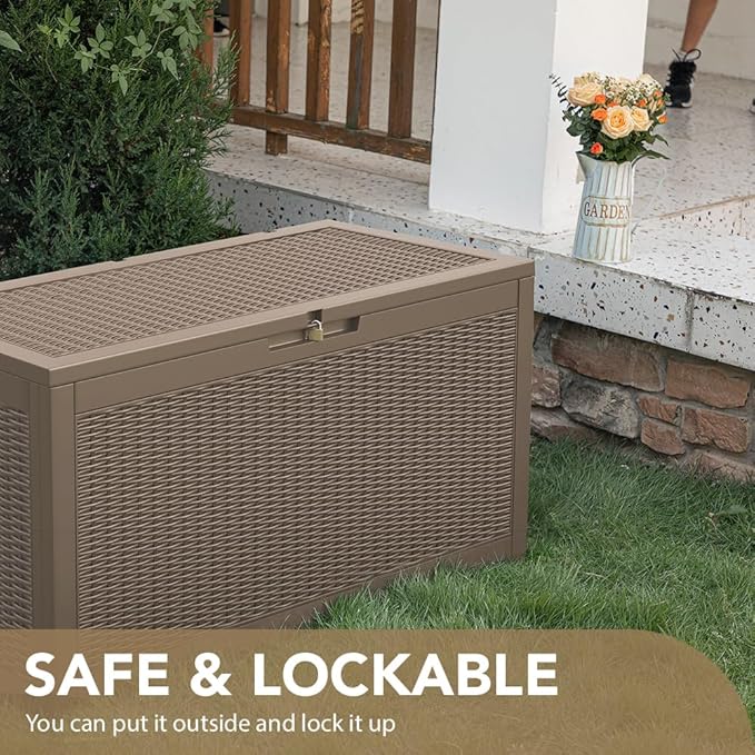 Devoko 95 Gallon Deck Box Large Resin Outdoor Storage Box, Waterproof and UV Resistant Lockable for Outdoor and Patio, Large Storage Cabinet for Patio Furniture, Tools and Pool Supplies, Light Brown