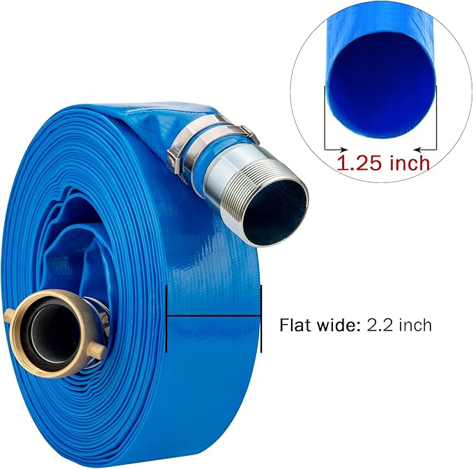DAVCO 1.25" ID x 50 ft Pool Backwash Hose, Heavy Duty Reinforced Blue PVC Lay Flat Water Discharge Pump Hoses For Swimming Drain Pools and Clean Filters, with Brass NPT Pin Lug and KC Nipple Fittings