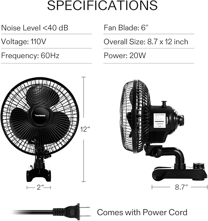 VIVOSUN AeroWave A6 Grow Tent Clip Fan, Patented Portable Auto Oscillating Fan 6" with 2-Speed, Strong Airflow but Low Noise, and Fully-Adjustable Tilt for Hydroponic Ventilation, Black, 2-Pack