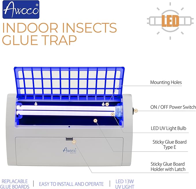 Awoco LED 13W 100V-240V Wall Mount Sticky Fly Trap Lamp XL 78” Extra Long Power Cord for Capturing Flies, Mosquitoes, Moths and Flying Insects (Fly Trap XL + 6 Glue Boards)