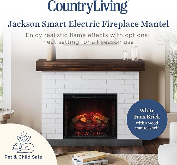 Country Living - Jackson Fireplace Mantel Package, WiFi Enabled 28β Fireplace Insert, White Brick Mantel Surround, Alexa/WiFi Enabled, 1500W