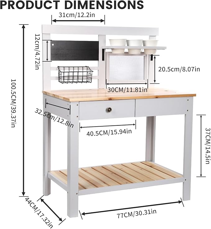 Kids Potting Bench Table Wooden Outdoor Garden Table Work Station Outdoor Garden Work Bench Platform with Removable Sink Hooks 3 Side Flower Pots Natural Wood White Gift for Boys Girls