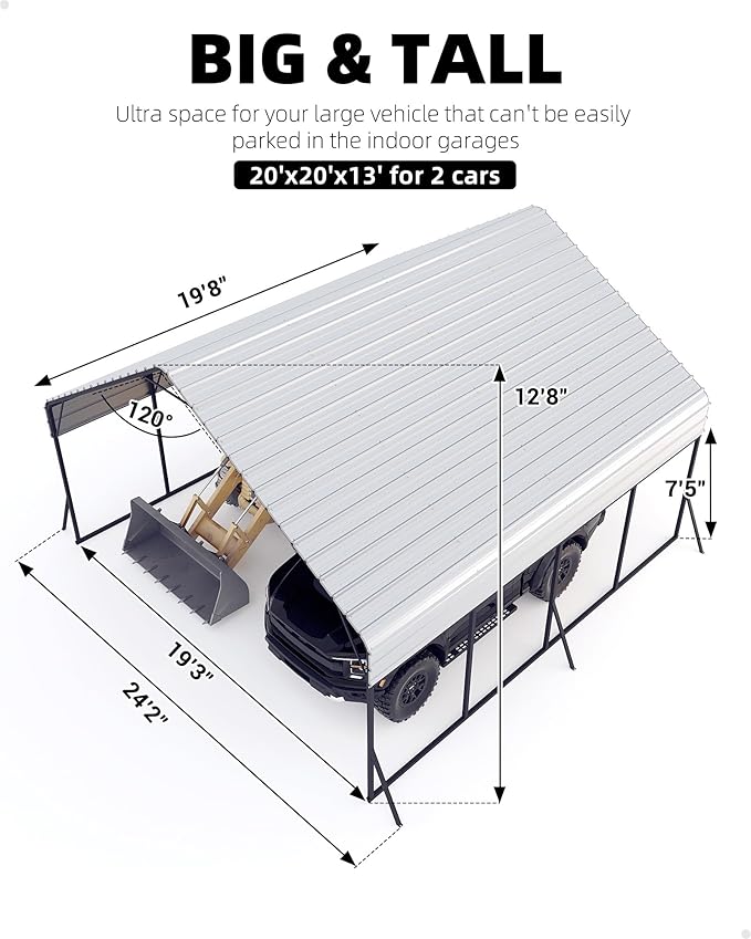 20x20x12.8 FT Metal Carport with Reinforced Frame, Galvanized Steel Roof & Enhanced Base Heavy Duty Car Ports for All-Weather Car Garage Shelter for Car, Truck, Pickup, SUV, Tractor, and Boat