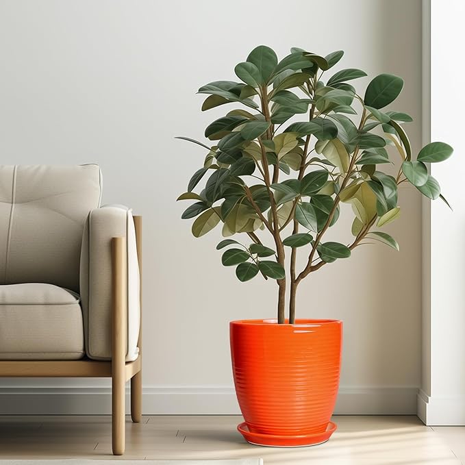 Ceramic Planter - 10 Inch Plant Pot for Indoor Outdoor, Modern Planters with Drainage Hole and Saucer, Round Large Plant Pot, Patio Room House Decor, House Warming Gifts, Orange