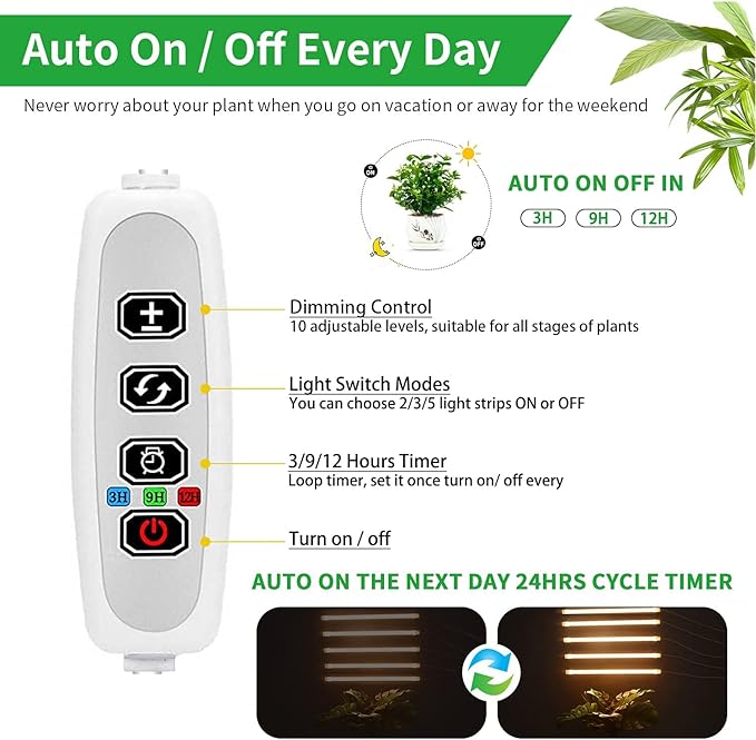 Grow Light Strip - Full Spectrum LED Grow Lights for Indoor Plants, Auto On/Off Timer, 5 Pack (240 LEDs, 10 Dimmable Levels)