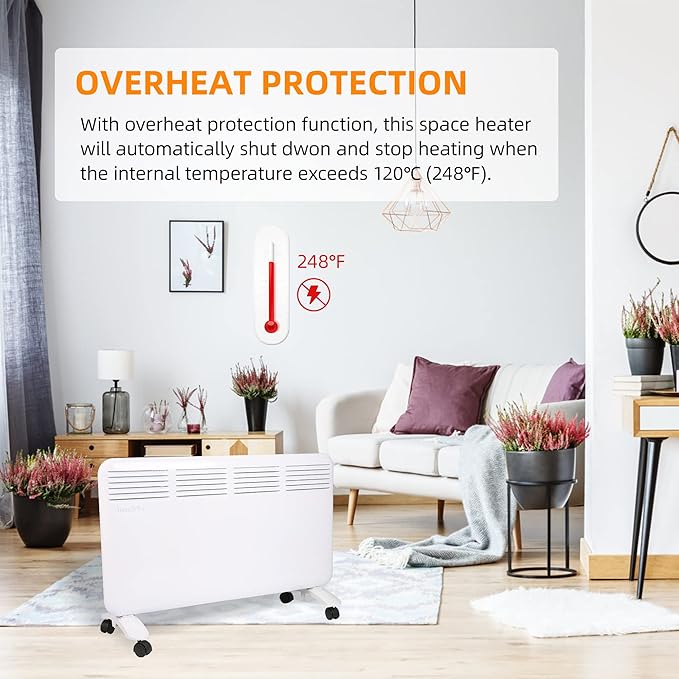 Convection Space Heaters for Indoor Use, 1500W, Quiet Heating, Auto Thermostat, 24H Timer, 3 Modes, Wall Mounted/Freestanding, Electric Panel Heater for Bedroom, Bathroom, Office