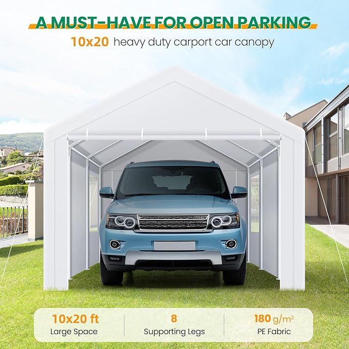 COBIZI Carports 10x20 Heavy Duty Car Canopy Garage with Removable Sidewalls & Doors, Galvanized Frame Portable Carport Canopy with Built-in Sandbags & All-Season Tarp for Car Boat Truck, White