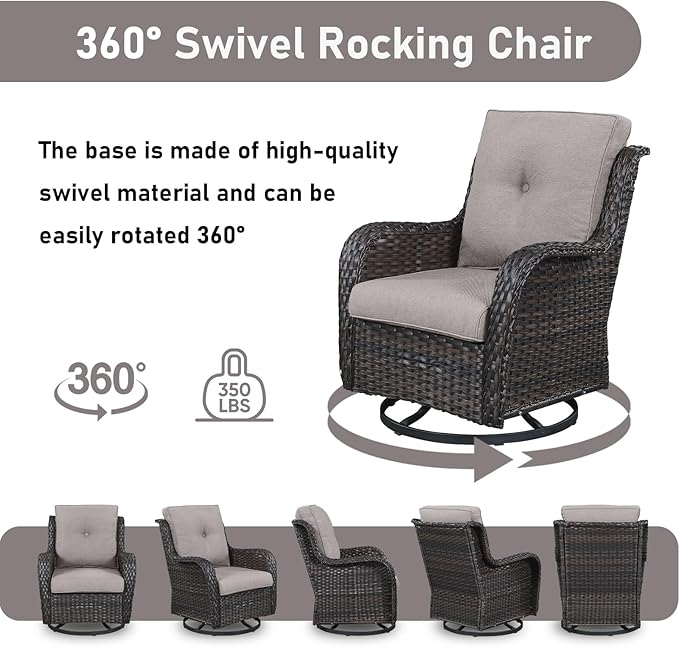 Wicker Rattan Patio Furniture Set - 7 Pieces Outdoor Couch with Swivel Chairs, Ottomans and Coffee Table for Deck, Poolside, Backyard - Brown/Grey