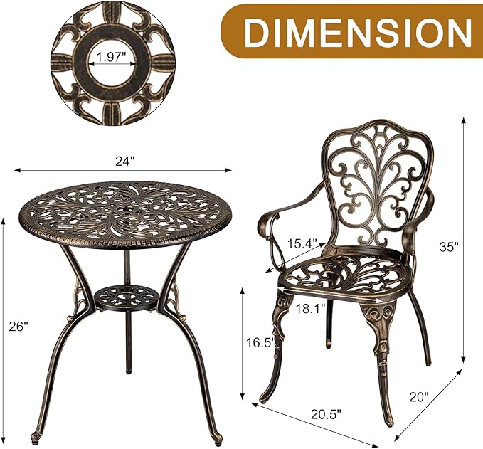 3 Piece Bistro Set, Outdoor Bistro Table and Chairs Set of 2, Rust-Resistant Cast Aluminum All Weather Patio Outdoor Bistro Set with Umbrella Hole for Backyard, Balcony, Front Porch, Brown