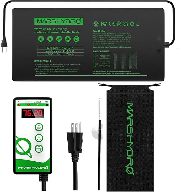 MARS HYDRO 10''x 20.75'' Seedling Heat Mat with Thermostat Combo Set,Heating Pad for for Germination, Indoor Gardening, Greenhouse