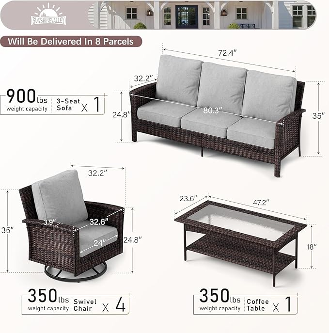 Patio Furniture Set with Swivel Chairs, High Back Wicker Rattan Furniture with 5.5" Thick Cushions and Coffee Table, Outdoor Conversation Set for Backyard Deck,7 Seats, Grey