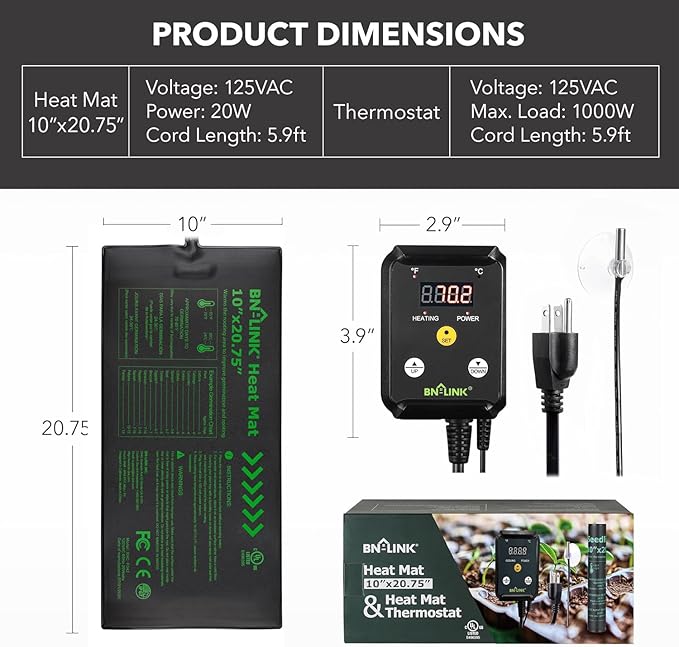 BN-LINK Seedling Heat Mat with Thermostat Controller Combo Set, 10" x 20.75" Plant Heating Mat for Seed Starting with Temperature Control for Indoor Growing, Plants Germination