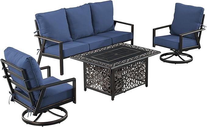 Oakland Living Black Aluminum Patio Fire Table Set with Deep Seating Sofa with Cushion and Two Club Chairs with Blue Cushions