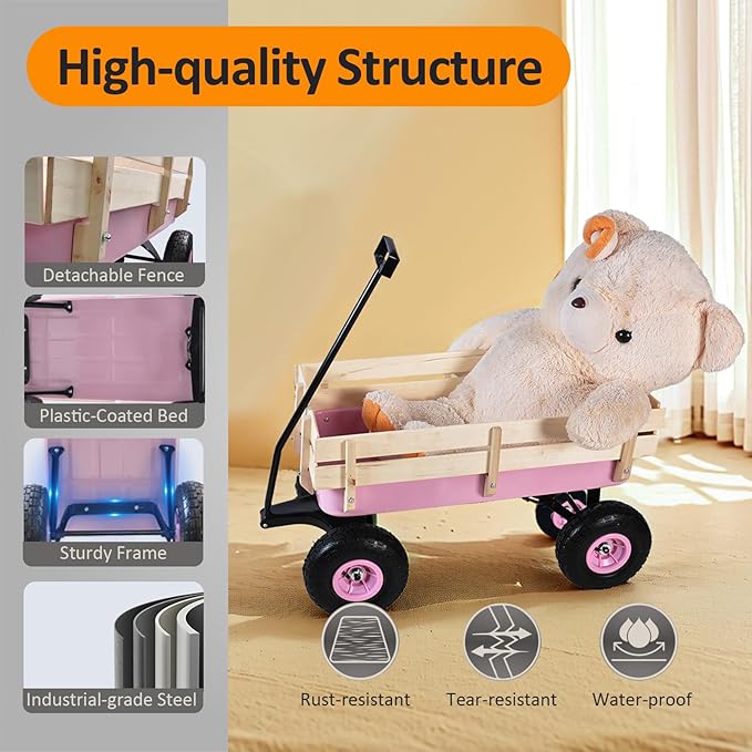 176 lb Kids Wagon Cart, 85L Large Capacity Durable Outdoor Tool Cart, Heavy Duty Cargo Wagon, Steel and Wooden Side with 10 Inch Inflatable Wheels, for Kids, Toys, Sport, Shopping (Pink)