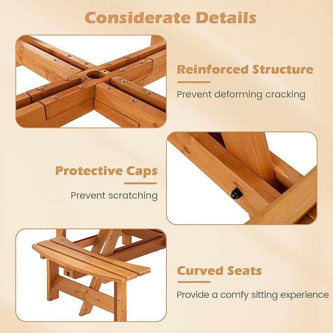 Giantex 8-Person Round Picnic Table Set with 4 Benches, 550 LBS Bench Capacity, 2" Umbrella Hole, Circular Outdoor Wood Dining Table & Chairs for Patio Yard Garden Porch Deck (71”x71”x28”,Yellow)