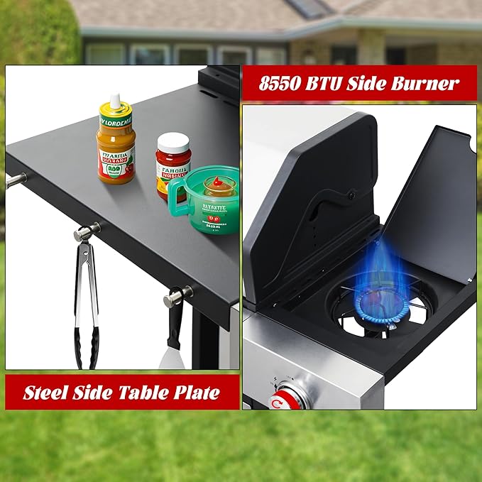 3-Burner Propane Gas Grill with Side Burner, 37,000 BTU Outdoor BBQ Grill with Porcelain-Enameled Cast Iron Grates, Thermometer, Double Layer Lid Stainless Steel Grill for Outdoor Cooking, Patio BBQ