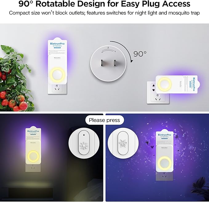 Fly Traps Indoors(1 Device+5 Refills), Gnat Traps for House Indoor with Night Light, 3-in-1 UV/Blue/Yellow Light Plug-in Flying Insect Traps, Fruit Fly Killer, NAT Killer, Get Rid of Gnat Infestation