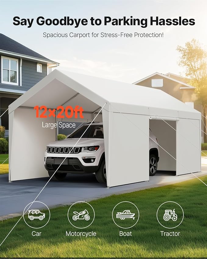 VEVOR Carport, 12 x 20 FT Outdoor Car Canopy, Potable Carport with Removable Sidewalls & Door, Heavy Duty Car Shelter, UV-Resistant & Water-Resistant, All-Season Protection for Automobile Boat White