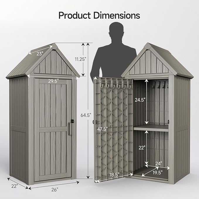Multifunctional Storage Shed, Outdoor Storage Cabinet with Hooks and Lock Ring, Waterproof Outdoor Storage Shed for All Weather, Tool Outdoor Shed for Patio Lawn and Garden