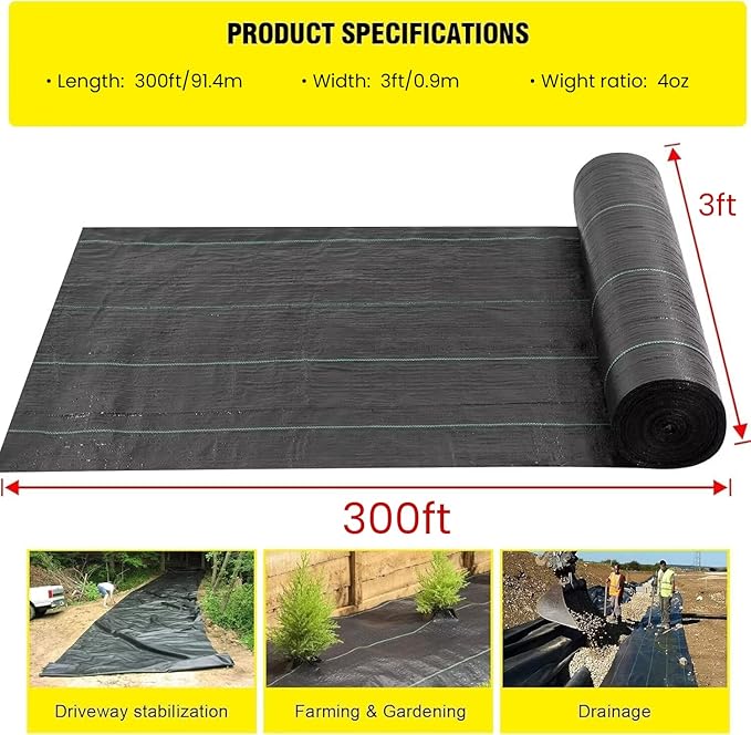 Driveway Fabric, 3x300 ft Road Fabric Commercial Barrier Fabric, Landscape Fabric Heavy Duty 4OZ French Drain Fabric for Erosion Control,Landscape Fabric,Construction Projects