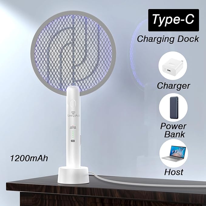 Bug Zapper Racket, 2 in 1 Electric Fly Zapper USB Rechargeable, 4000V Electric Fly Swatter with 3 Layer Safety Mesh, Indoor Outdoor Electric Racket for Kitchen, Bedroom, Camping