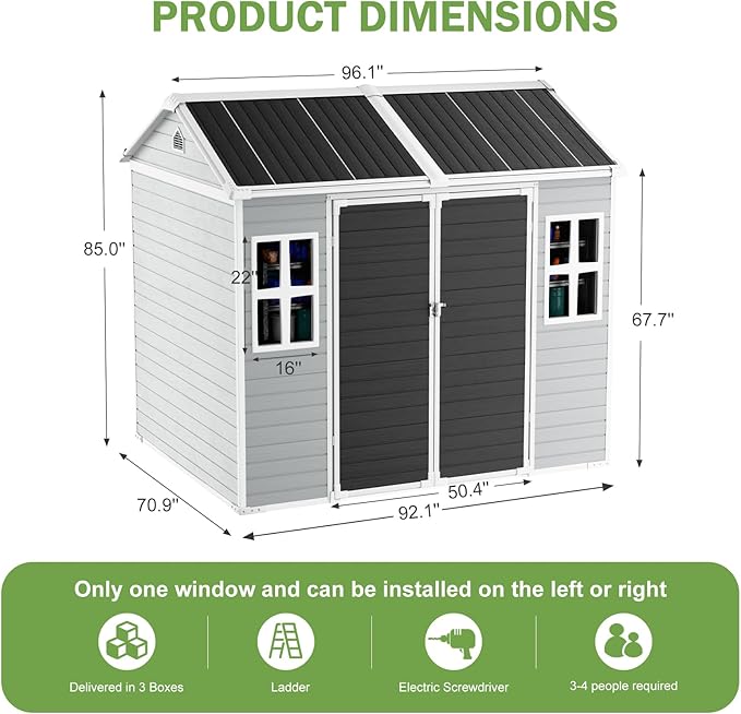 8x6x7 FT Resin Storage Shed, Waterproof Outdoor Shed w/Floor Included, 2 Windows, Double Lockable Doors & Vents,Outside Plastic Tool Sheds for Garden, Lawn, Backyard, Dove Grey