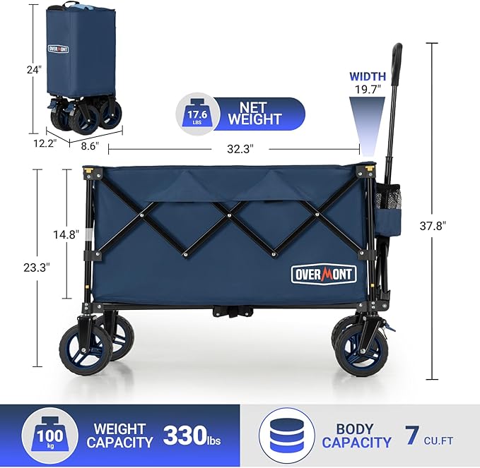 Overmont Ultra-Compact Collapsible Wagon Cart - 200L Portable Folding Wagon with All-Terrain Wheels Utility for Beach, Grocery Shopping, Camping, and Gardening โ 330lbs Load Capacity Blue