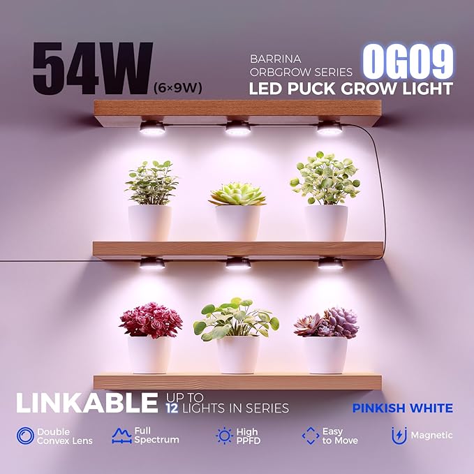 Barrina Orbgrow OG09 Puck Grow Light with Timer, Pinkish White 54W(6 x 9W, 810 Watt Equiv), Full Spectrum Plant Light for Indoor Plants, Magnetic & Linkable, 5 Levels Dimmable, 6 Packs, Black