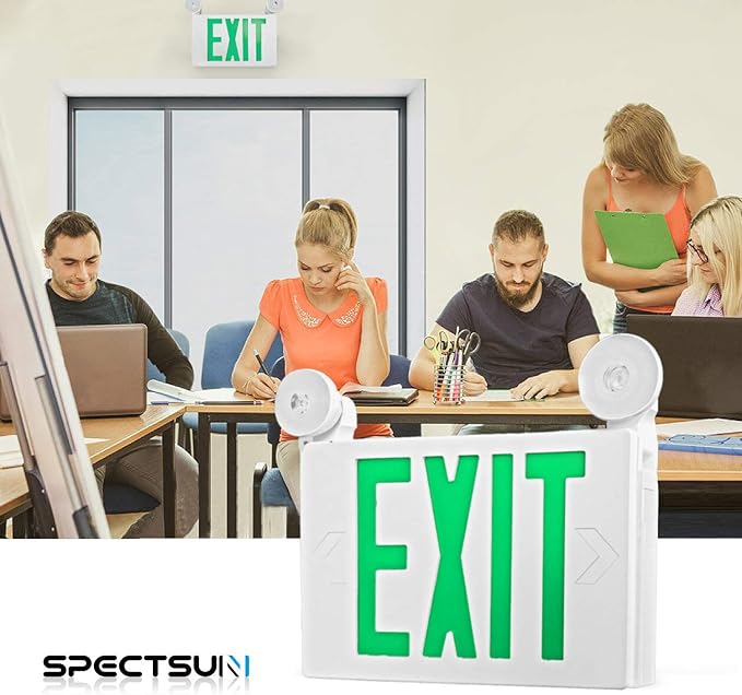 SPECTSUN 6 Pack Led Exit Sign with Emergency Lights & Battery Backup Operated Powered Green Exit Lights Exit only Sign-UL Listed 120-277VAC Fire Exit Signs Lighting for Room,Street,Window.Stairs.