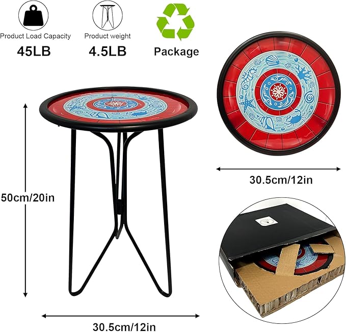 LIFFY Outdoor Side Tables, 12" Coffee Table Small Patio Table, Indoor Small Round Home Decorative End Table, Plant Stands Table Outside, for Yard Balcony Garden Bedside Pool Beach(Metal & Glass,Red)