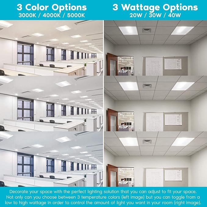 2X2 FT Center LED Troffer Panel Light, 20/30/40W, 3 Color Options 3000K | 4000K | 5000K, Dimmable Drop Ceiling Lights, 2500/3750/5000 Lumens, Damp Rated, 120-277V, DLC Premium (12 Pack)