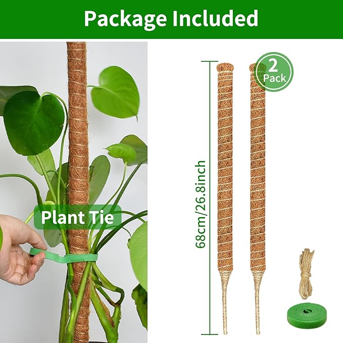 2 Pack Moss Pole, 26.8-Inch Moss Poles for Plants Monstera,Bendable Plant Support Stakes for Climbing Plants Indoor, Garden Trellis Plant Stick for Potted Plants, Pothos Philodendron