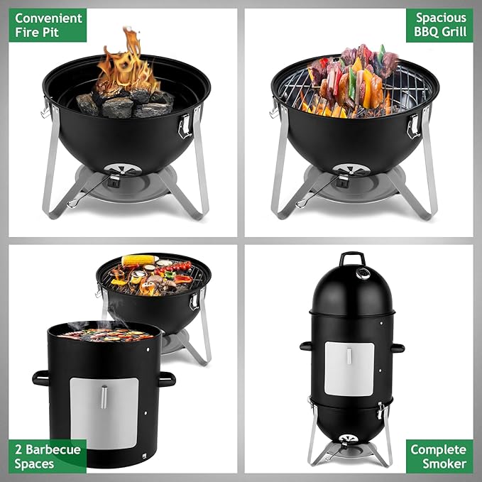 19 Inch BBQ Smoker Grill, 3-in-1 Vertical Charcoal Smoker, Heavy Duty Outdoor Bullet Smokers for Meat with Built-In Thermometer, Air Vent, And 2 Access Doors, Idea for Parties, Backyard, Barbecues