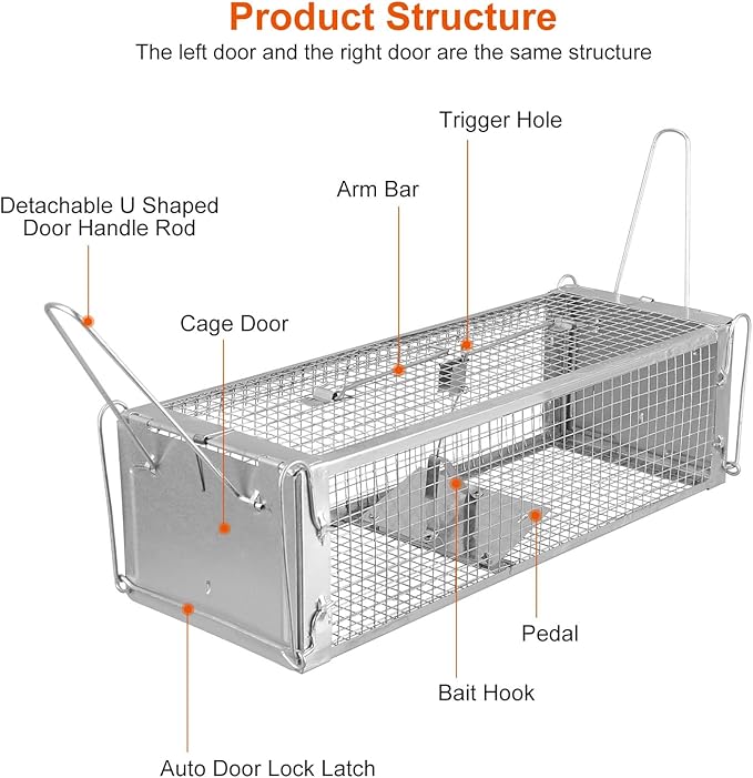 iMounTEK Dual Door Rat Trap Cage Humane Live Rodent Dense Mesh Trap Cage Zinc Electroplating Mice Mouse Control Bait Catch with 2 Detachable U Shaped Rod