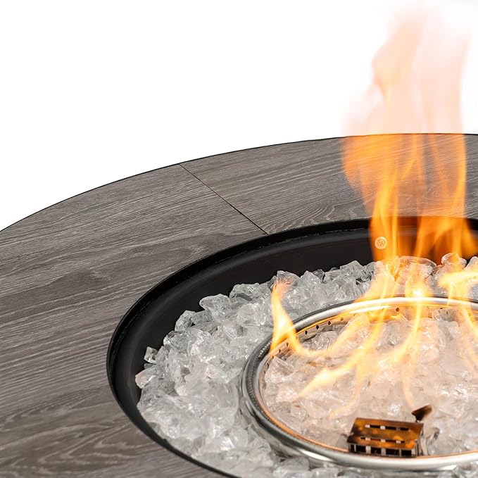 30'' Concrete Round Gas Fire Pit, 50,000 BTU Steel Outdoor Fire Tables, Fire Table with Lid, Add Warmth & Ambience to Gatherings and Parties On Patio Deck Garden Backyard,White Glass Stone.