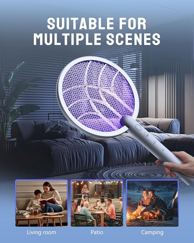 Electric Fly Swatter Racket, Mosiller 2 in 1 Smart Bug Zapper & Power Take Off Generators with USB Rechargeable Base, Powerful Mosquitoes Trap Lamp & Fly Killer for Home, Bedroom(Light GreyοΌ2 PackοΌ)